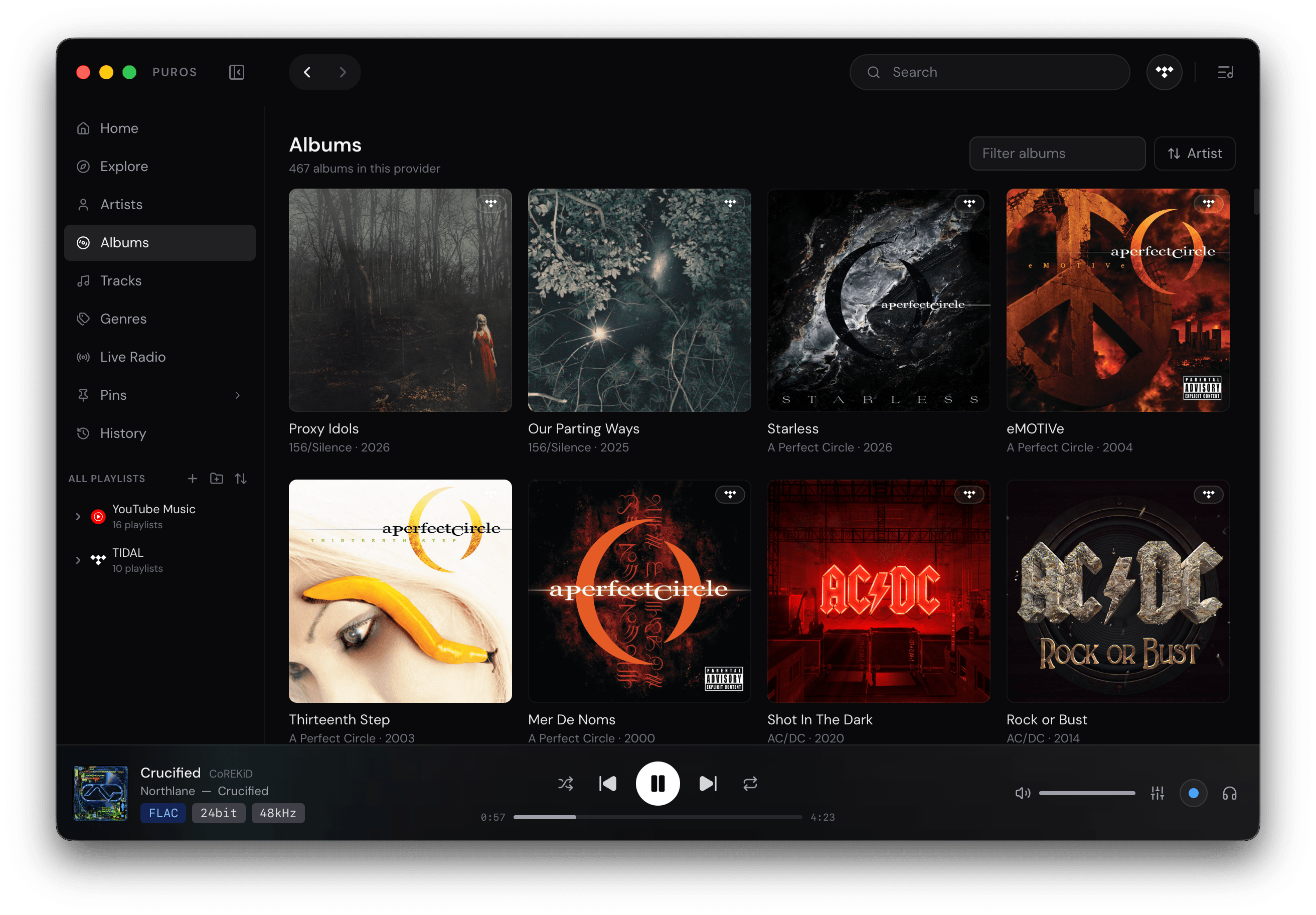Puros album grid with cover art, titles, artists and years