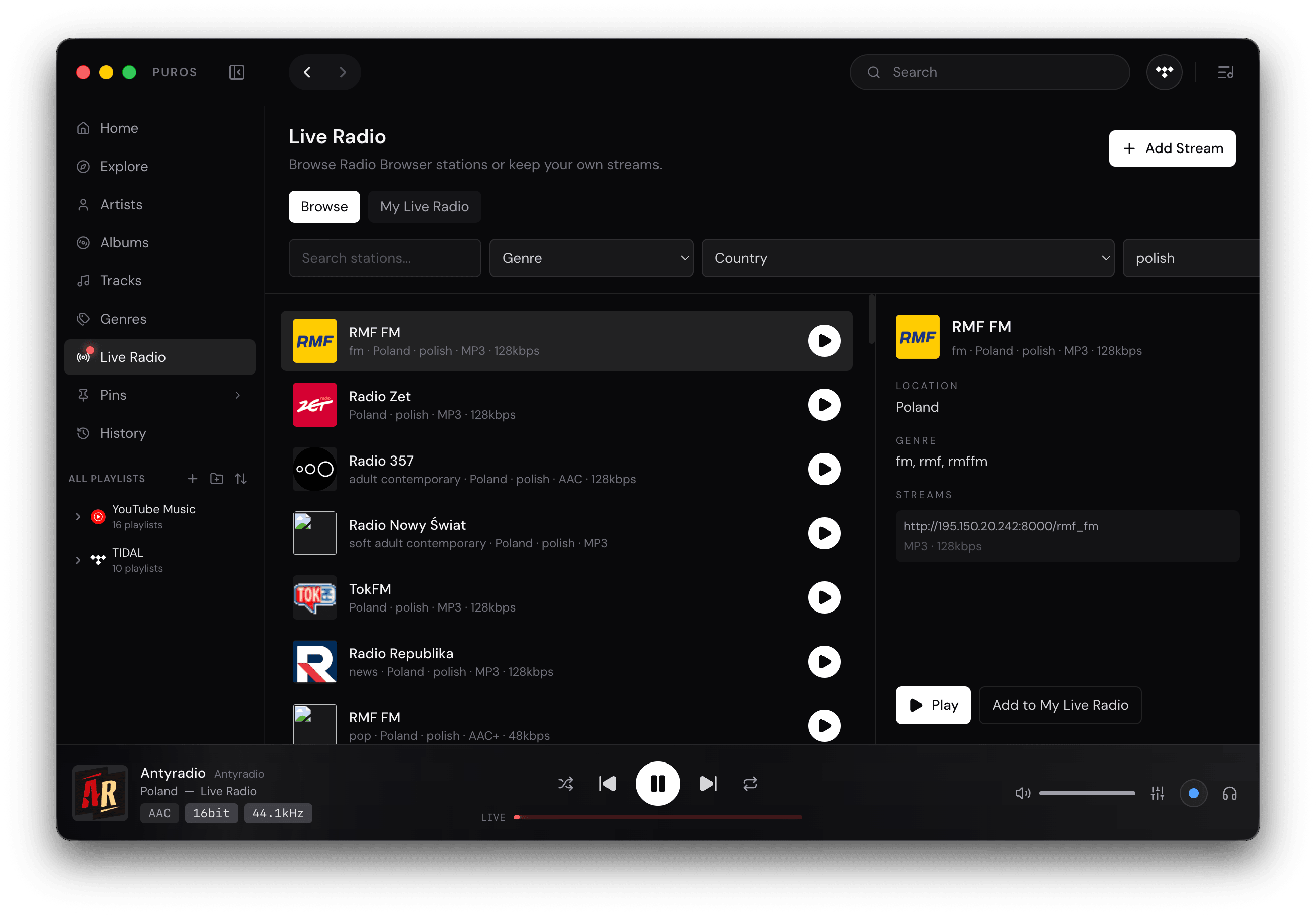 Puros Live Radio view: Polish stations from Radio Browser, with codec and bitrate for each stream